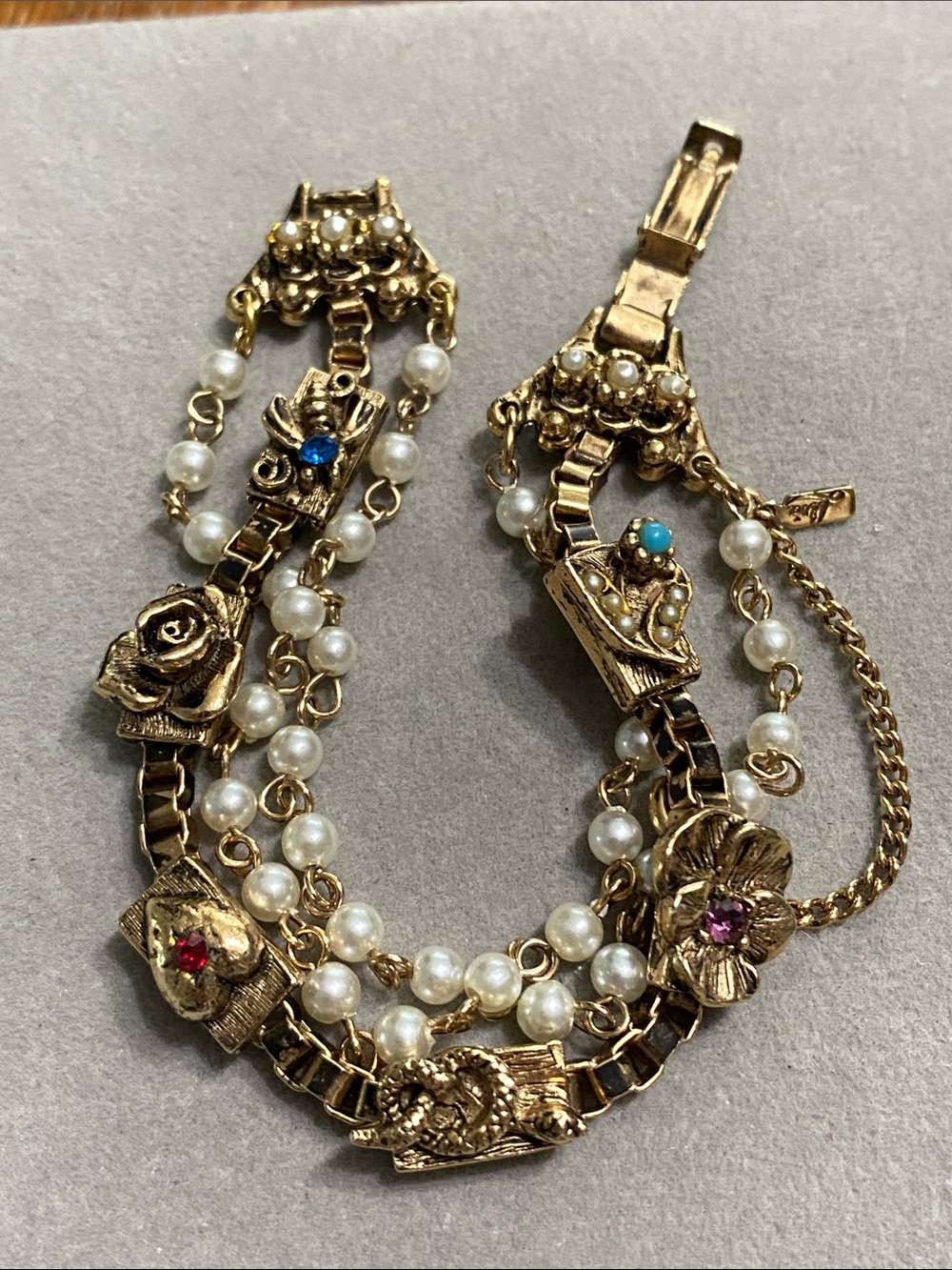VTG Lisia Gold-Tone Multi-Charm Pearl Bracelet with Colored Gem Accents